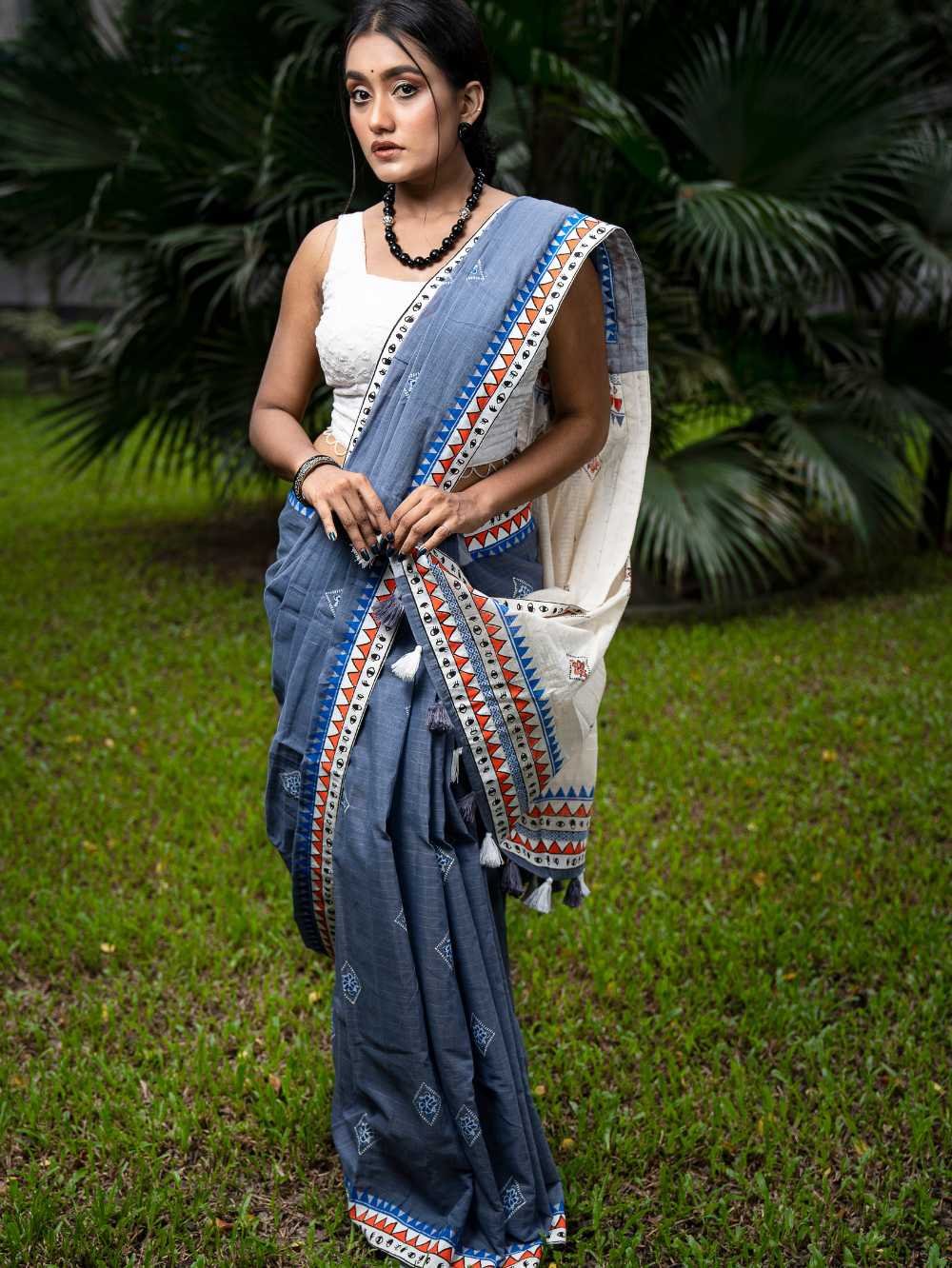 Light Gray with floral Dimond Saree