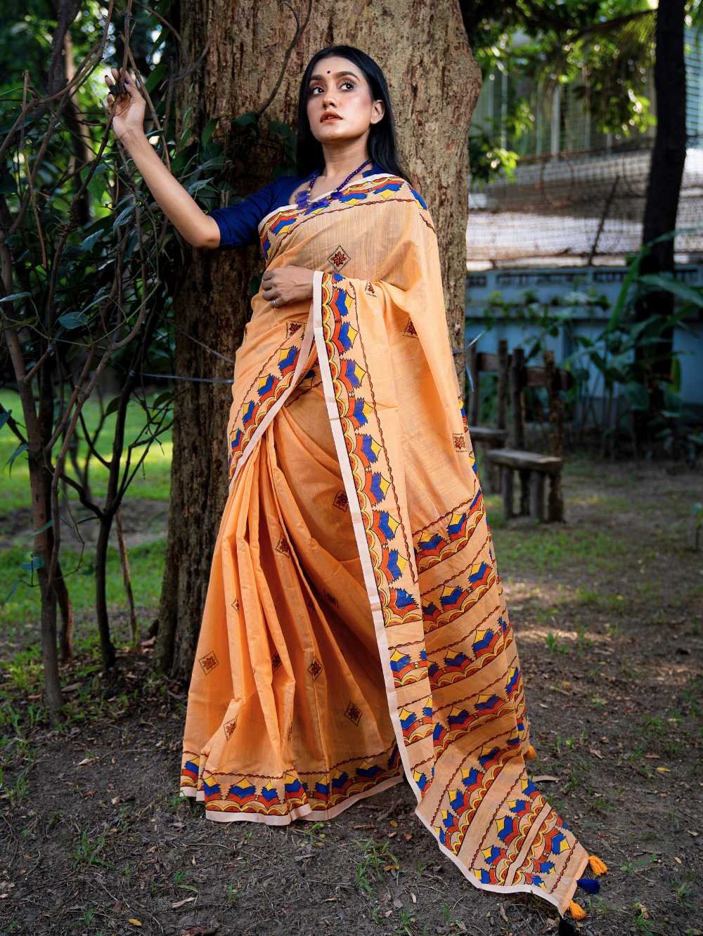 Light Orange with Floral Diamond Saree - Image 2
