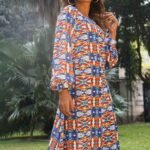 Abstract Orange Blue Long Dress